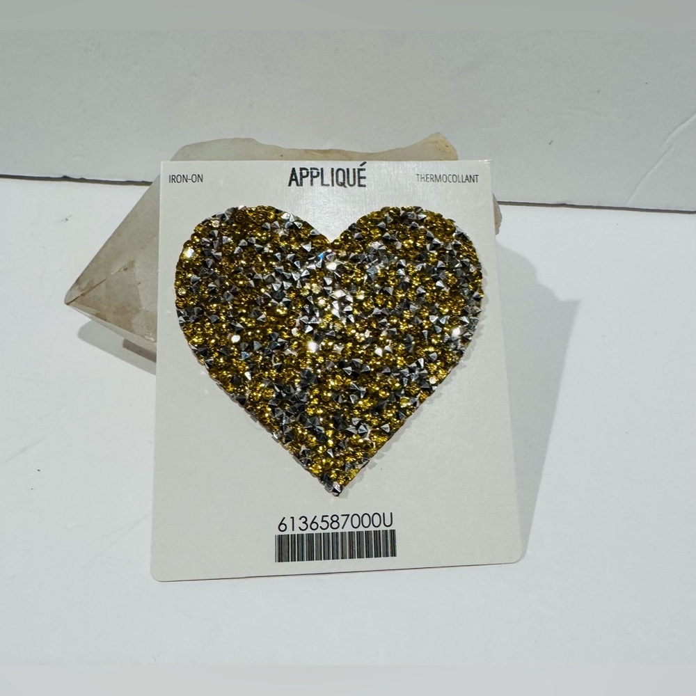 Iron-On Patch Gold and Silver Heart Appliqué NWT